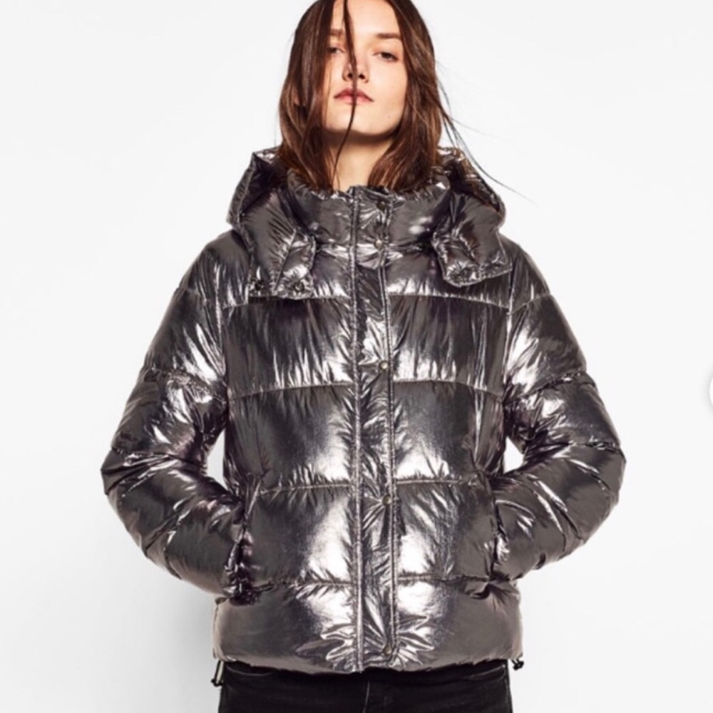 NWT Zara Silver Metallic Puffer Jacket Removable Hood